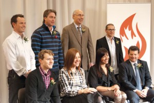 Photo by Blaine Meller.  The Class of 2010 is introduced to the media during a ceremony at the Telus Convention Centre Nov. 10. Back row, front  left, Jean-Luc Brassard, Patrick Roy, Dr. Roger Jackson and Jacques Villeneuve. Front row, from left, Kyle Shewfelt, Clara  Hughes, Chantal Petitclerc and Scott Ackles (representing Bob Ackles).