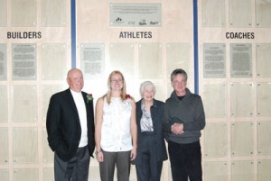 Photo by Blaine Meller. Inductees into the inaugural Mount Royal Cougars Wall of Fame pose for photos. (left to right) Dr. Don Stouffer, Sharlene Marschall, Joey Kenyon (on behalf of Jack Kenyon) and Gary Koroluk. The late Al Bohonus was also inducted. 