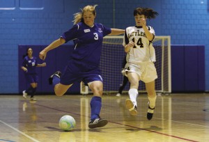 Photos by Jorden Dixon.  Mount Royal University hosted the first ACAC futsal tournament of 2011, winning both the women’s and men’s divisions. Ashley Dixon fires a shot during the women’s champinship game against Medicine Hat