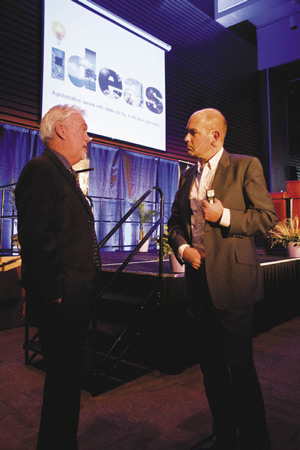Photo by James Wilt. Chris Anderson chats with MRU president Dave Marshall.