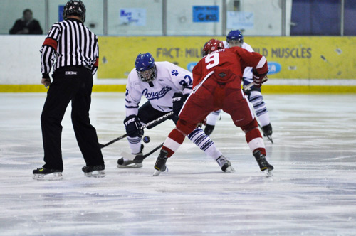 Photo by James Paton. The Cougars men’s hockey team could be forced to face-off with SAIT in a one-game winner-take-all for the ACAC title.  Mount Royal was ruled have dressed an ineligible player for Game 5 of their series, which the Cougars captured 1-0.  