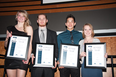 Photos by Blaine Meller.  Above left, Andrea Price, Justin Cote, Matt Chan and Maddie Pedersen pose with their respective athlete and rookie of the year awards. 