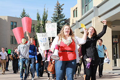 Laurie Gaal (left) and Jenny West (right) led the charge around MRU on Oct 9, voicing student opposition to proposed tuition hikes. Photo: Katie Brown
