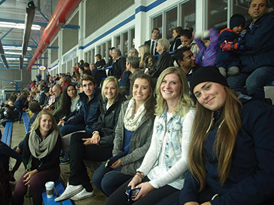 Support your school and show some spirit by making the MRU hockey game the place to be. Nikki Golding (fourth from the right) and her friends came out to show their school spirit.  Photo: Jeff Kobar