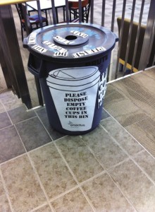 Coffee cup recycling bins put on campus to promote a more sustainable lifestyle are, unfortunately, not used very much. Photo courtesy: Facebook