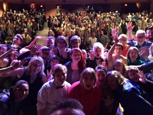 The cast and crew of the Coming Out Monologues YYC attempted an ‘Ellen selfie’ at the end of the March 20 show. Photo courtesy: Facebook