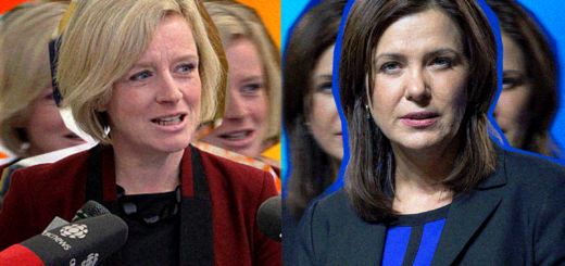 Graphic of Rachel Notley on the left and Danielle Smith on the right